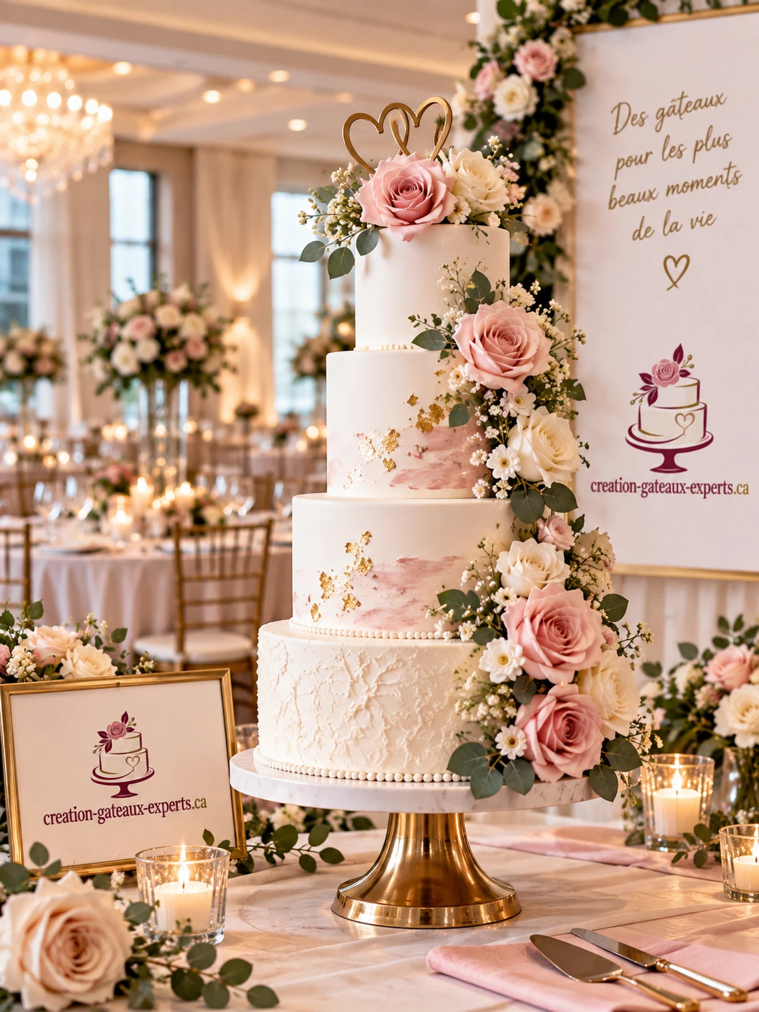 Gâteau de mariage à étages en salle de réception
